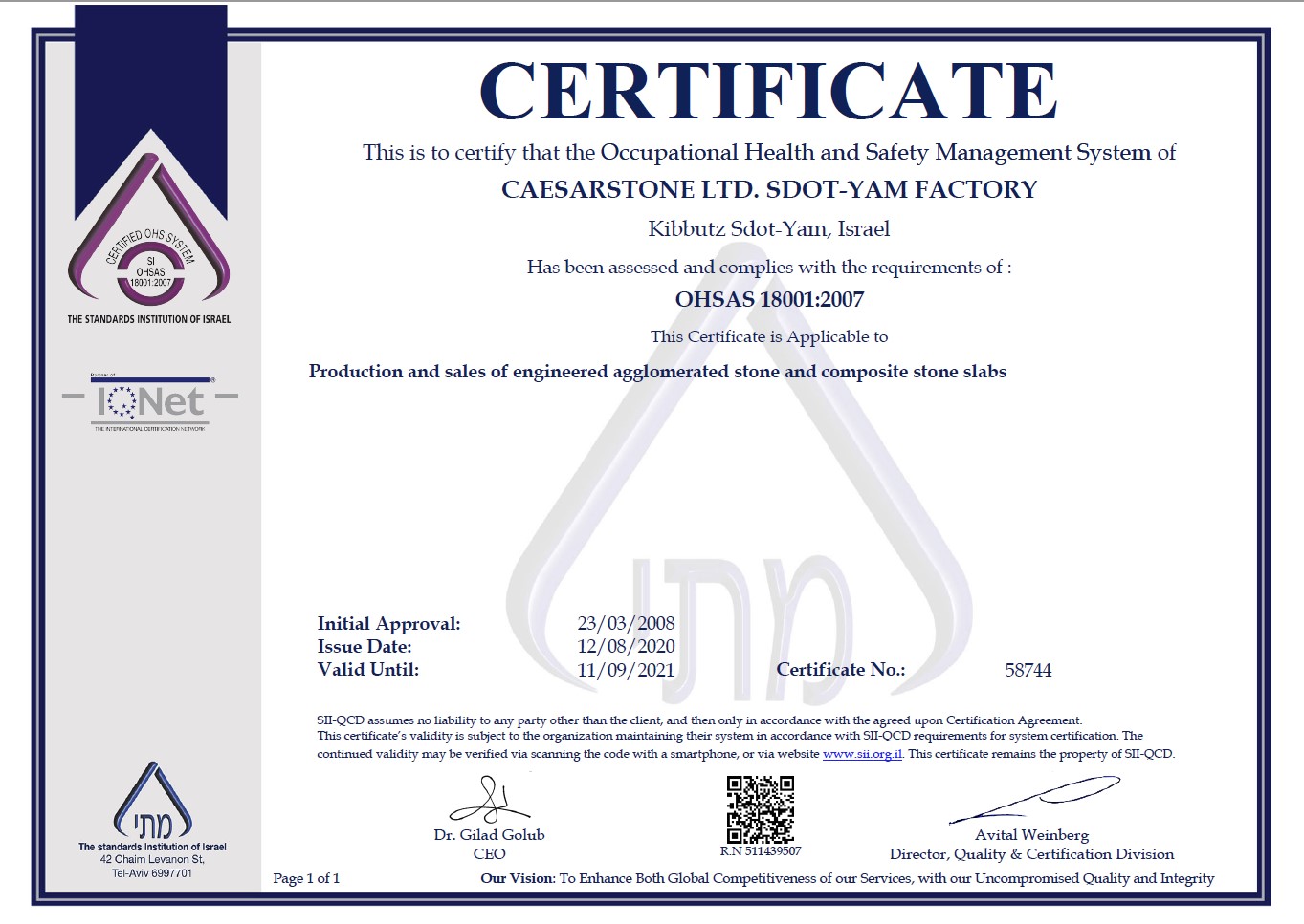 Caesarstone. OHSAS 18001:2007 certificate